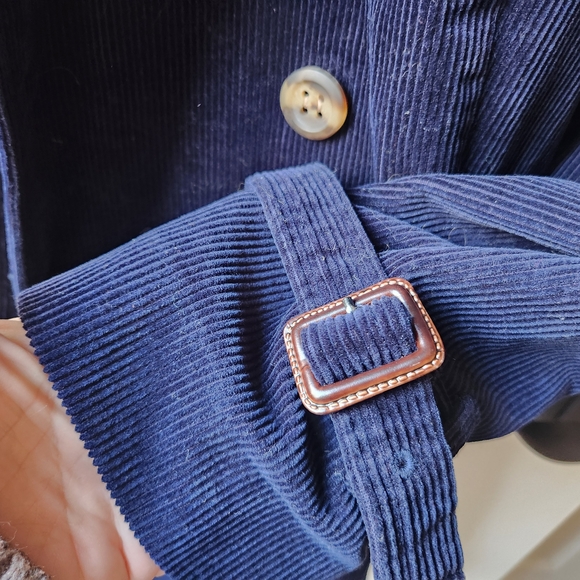 Women's Double Breasted Navy Blue Corduroy Belted Trenchcoat Size Medium - Picture 9 of 14